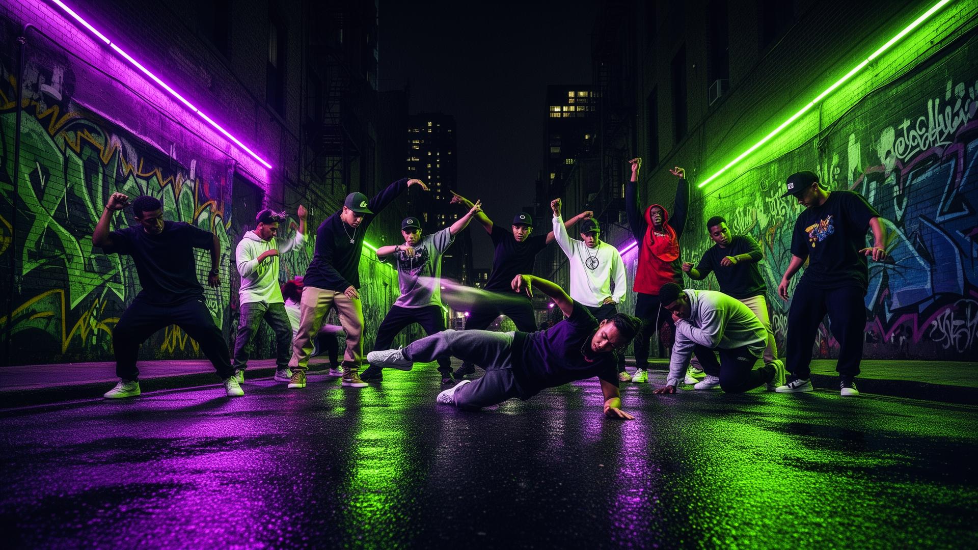 Street dancers performing in neon-lit urban alley